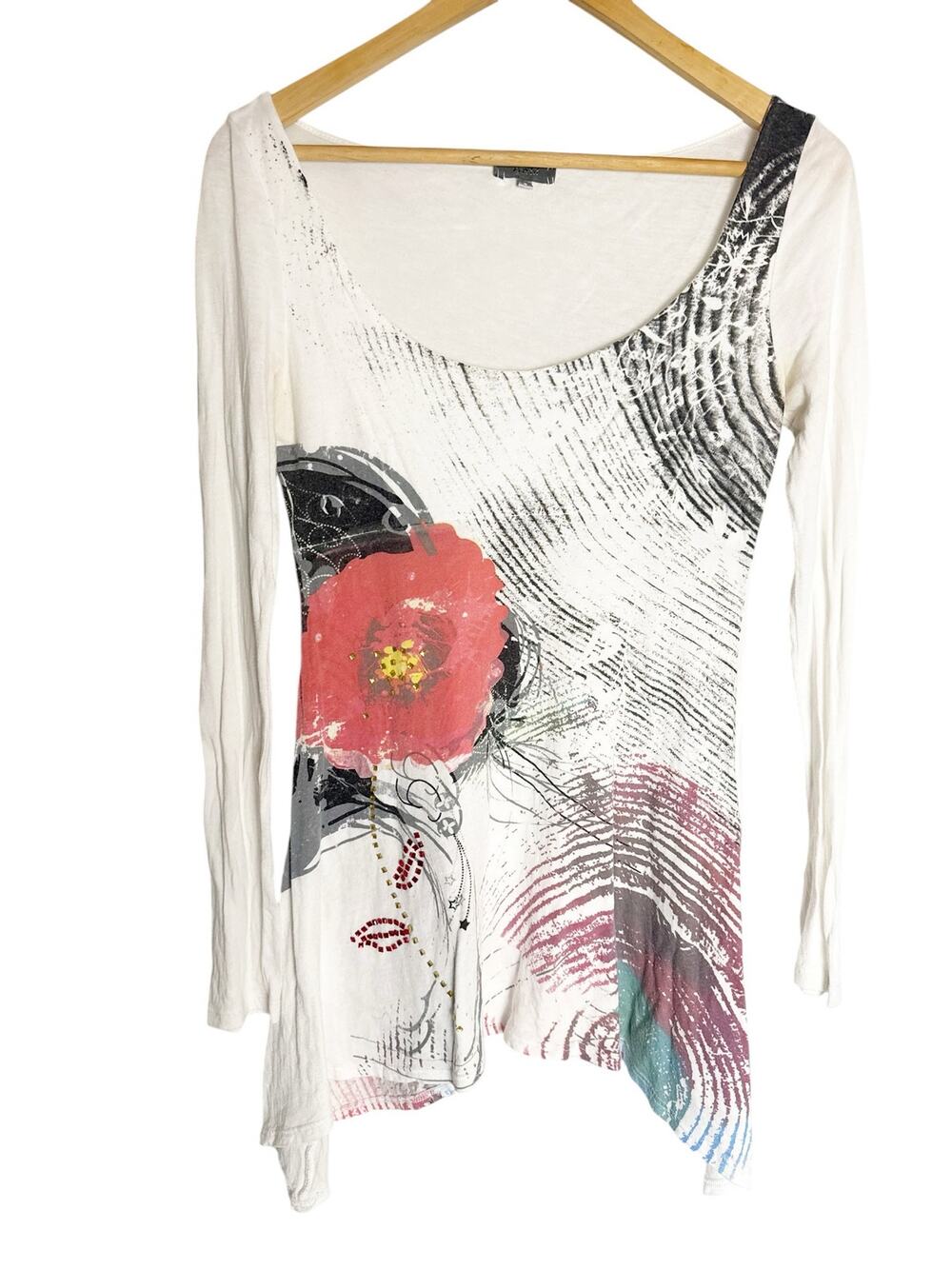 ANM White Abstract Poppy Swirl Print Artsy Boho Y2K Long Sleeve Tunic Top Small